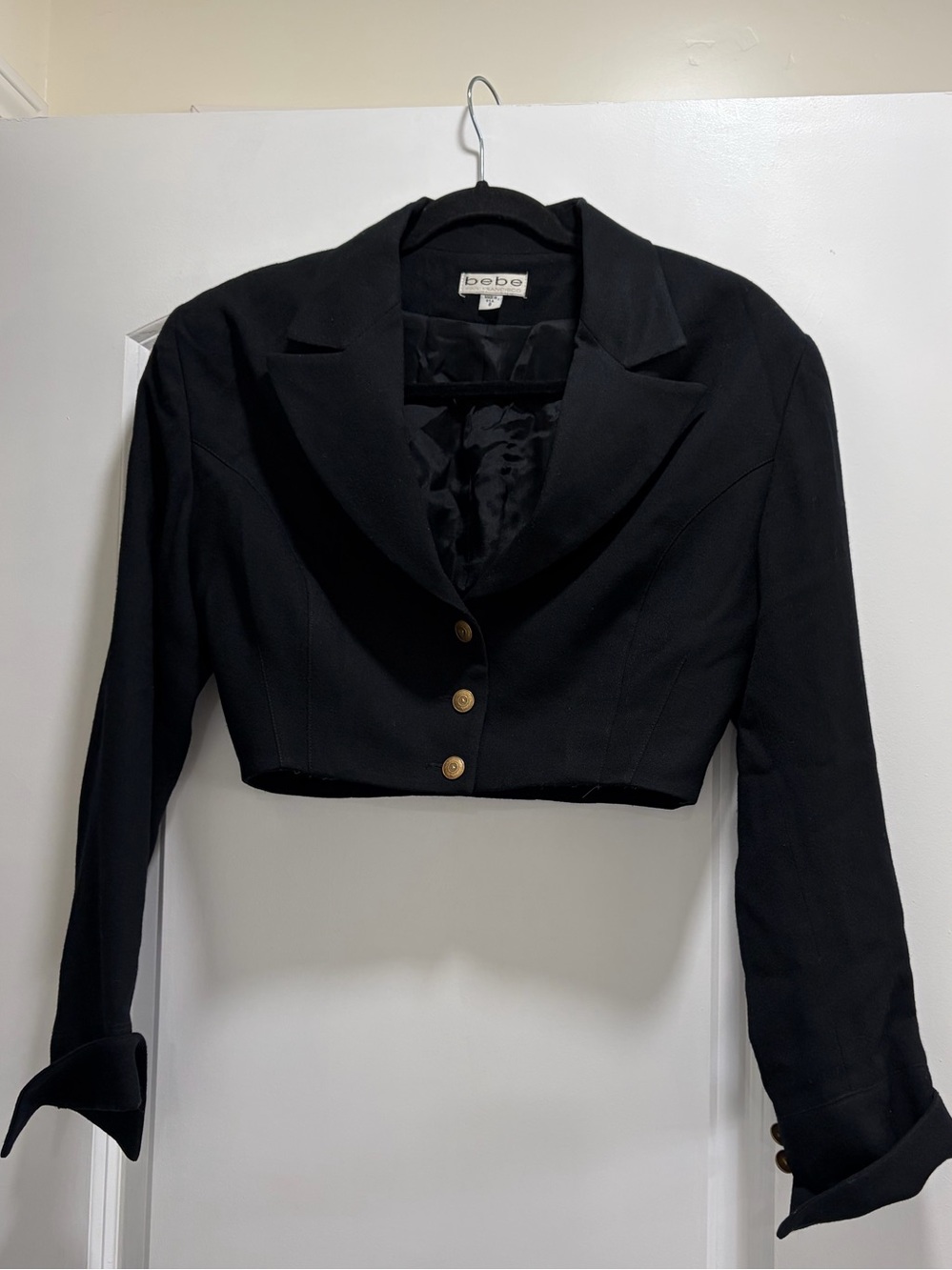Vintage Bebe 100% Wool Black Cropped Blazer Jacket Gold Buttons - Size 8